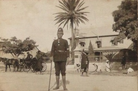 A person in uniform standing in front of a palm tree AI-generated content may be incorrect.