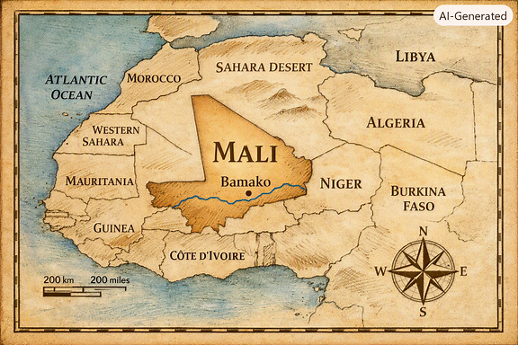 Kaart van Noord-Afrika met fokus op Mali