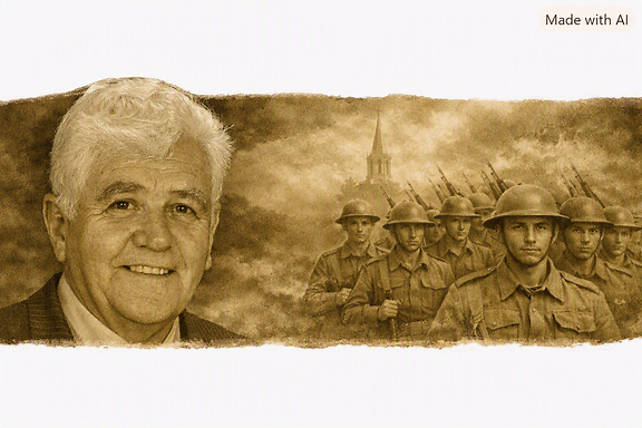 Sepia mashoof met Dr Van Tonder, soldate en kerktoring sonder rooi strikkie