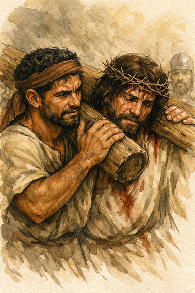 Simon van Sirene help Jesus dra die kruis, minder hout, meer fokus op gesigte en hande