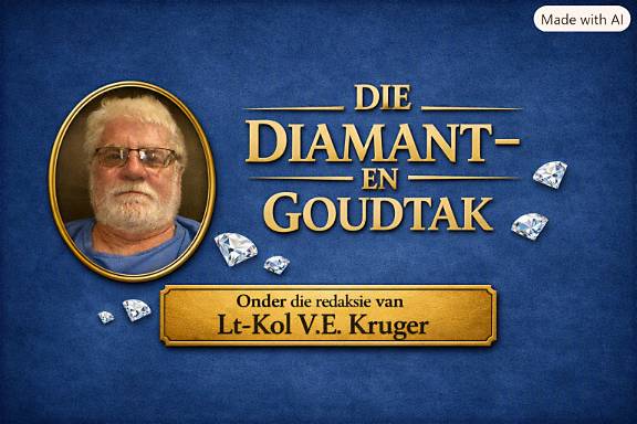 Ingetrekte blou mashoof met drie elemente: opskrif 'DIE DIAMANT- EN GOUDTAK' in ou-goud, links foto van Lt-Kol VE Kruger in eenvoudige ovaalraam, onderaan ou-goud kassie met 'Onder die redaksie van Lt-Kol VE Kruger', met enkele los geslypte diamante subtiel versprei