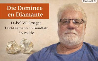 Mashoof vir Diamantstories met realistiese kleurportret van Lt-kol VE Kruger, getrim, kleur gebalanseer, sagte agtergrond en titelblok