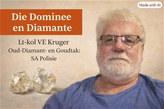 Mashoof vir Diamantstories met realistiese kleurportret van Lt-kol VE Kruger, getrim, kleur gebalanseer, sagte agtergrond en titelblok