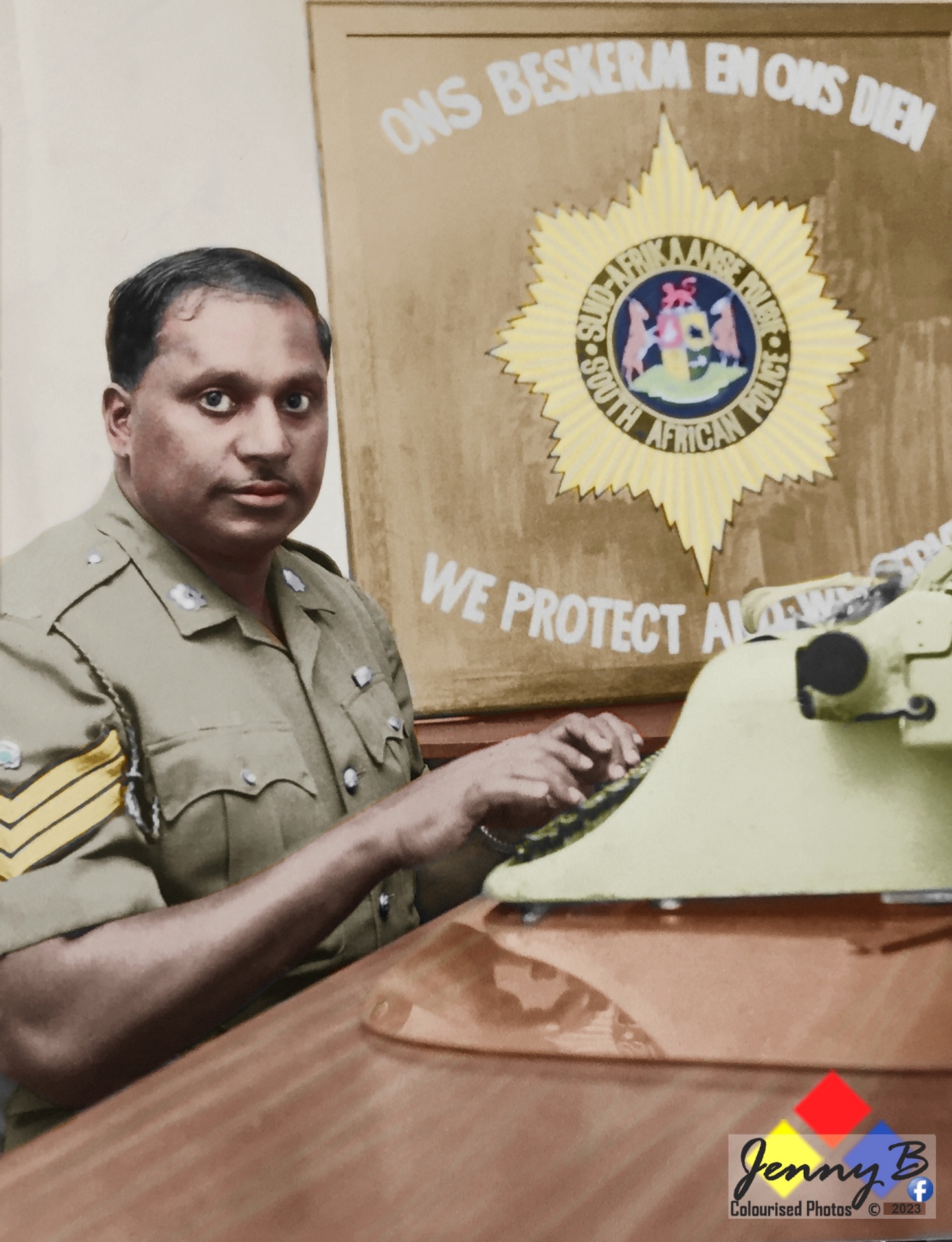 A person in uniform sitting at a desk typing on a typewriter AI-generated content may be incorrect.